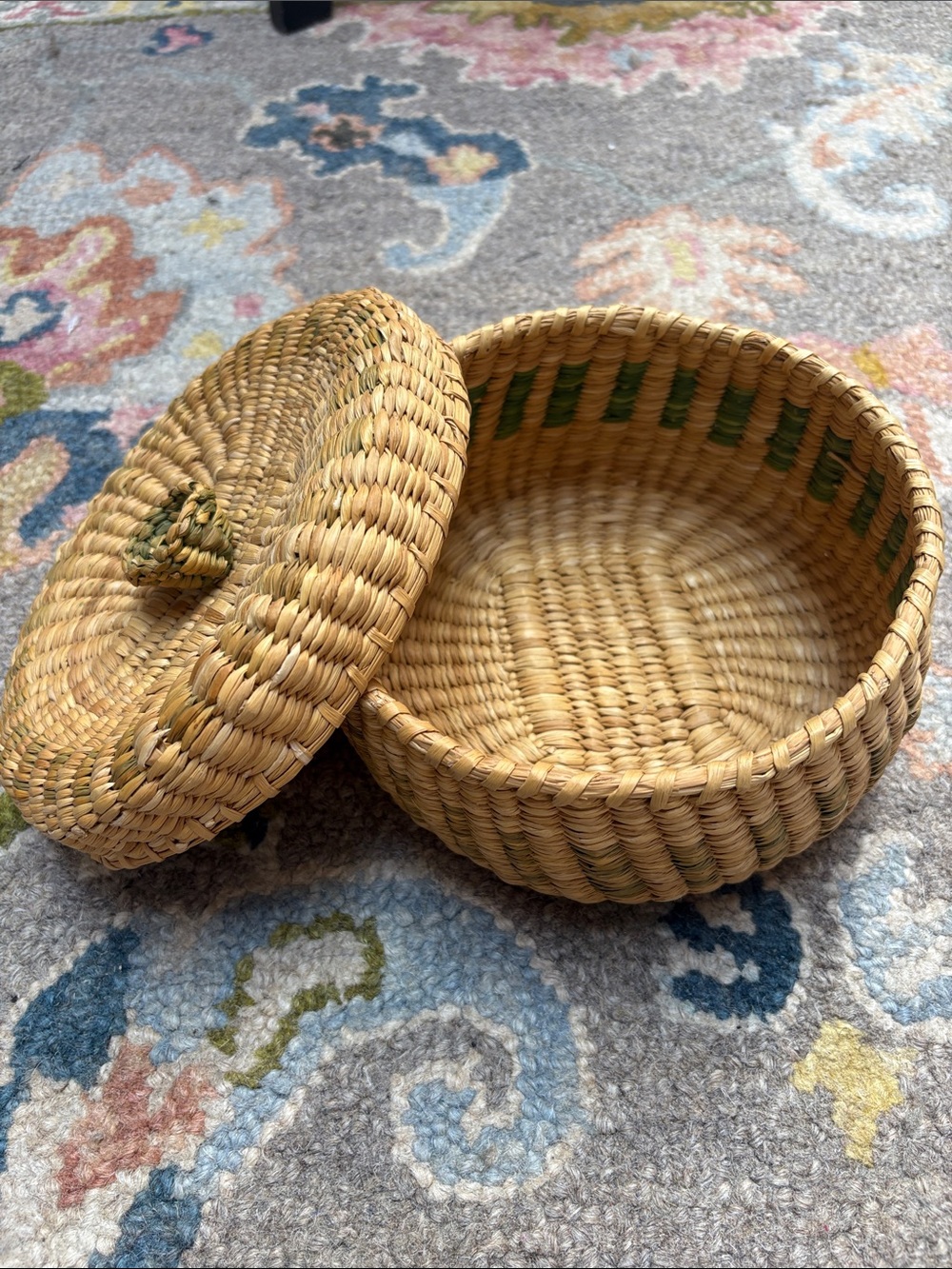 Woven Round Lidded Basket in Natural and Green - Picture 2 of 6